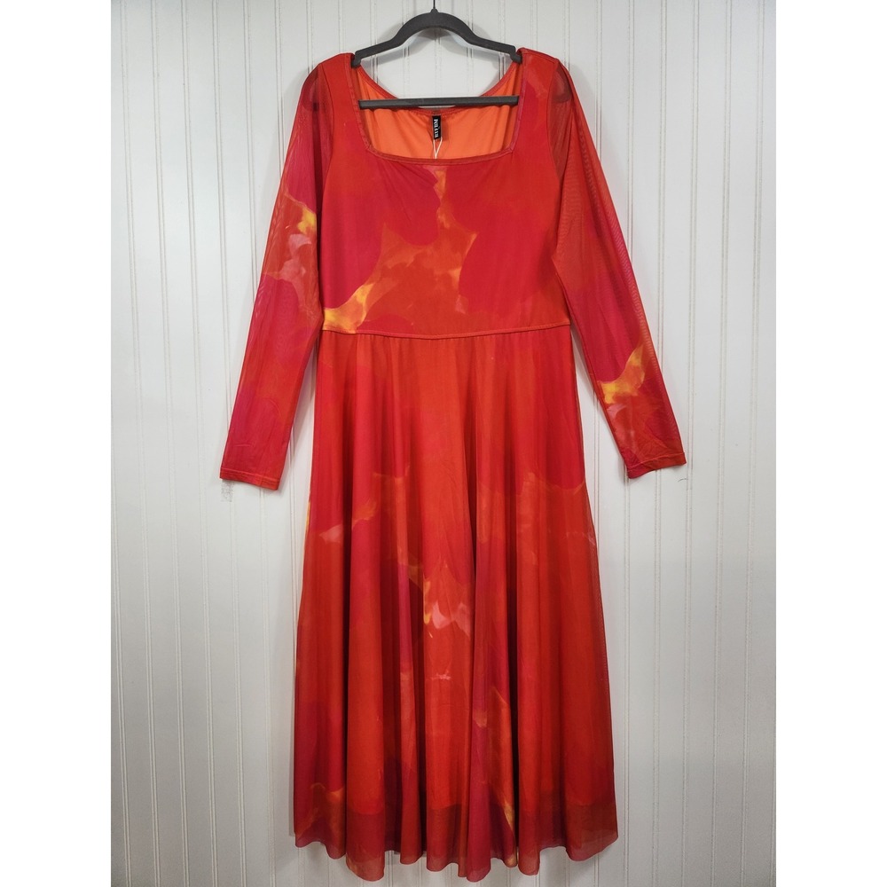 NEW BTFBM Women Red Abstract Mesh Maxi Dress Long Sleeve Square Neck XL